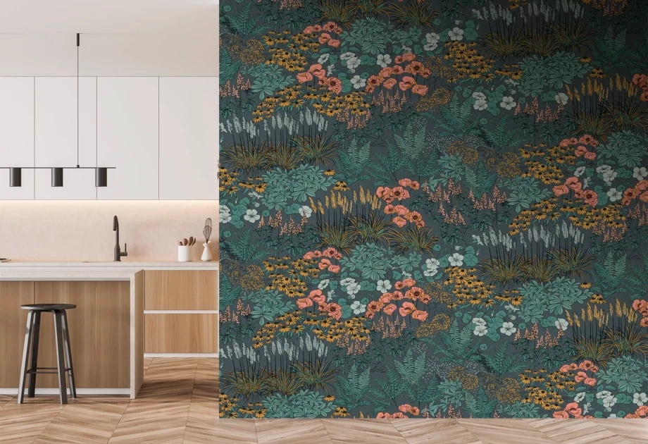 Mosható vinyl fotótapéta türkiz és korall virágos mező mintával