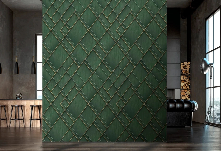 Mosható vinyl fotótapéta zöld, arany színű absztrakt geometriai mintával