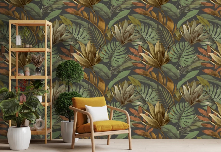 Mosható vinyl fotótapéta zöld és barna levél mintával