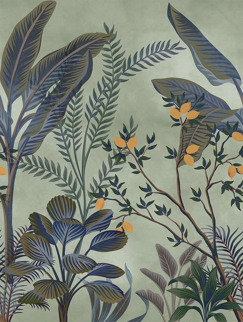 Mosható vinyl fotótapéta zöld és kék színű levél és virág mintás