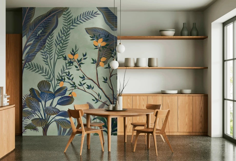 Mosható vinyl fotótapéta zöld és kék színű levél és virág mintás