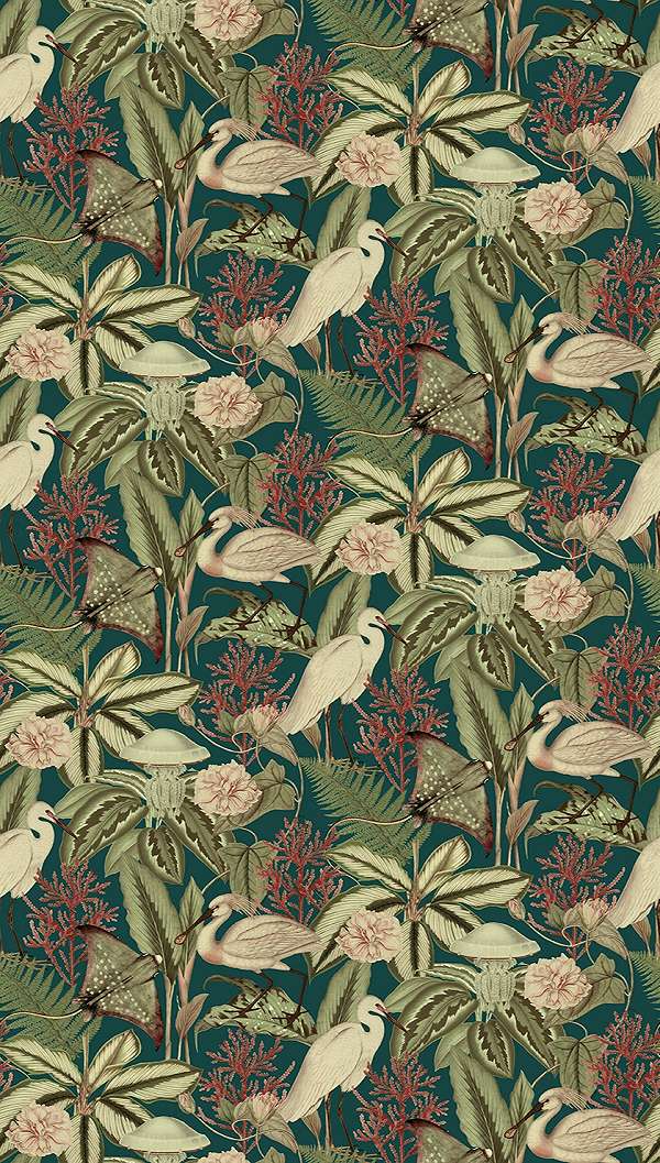 Mosható vinyl fotótapéta zöld és krém színű levél és darumadár mintával