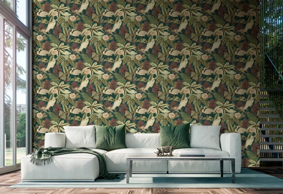 Mosható vinyl fotótapéta zöld és krém színű levél és darumadár mintával