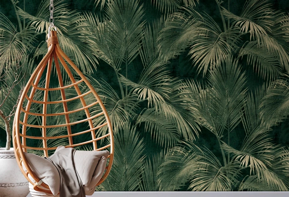 Mosható vinyl fotótapéta zöld, fekete színben pálma levél mintával