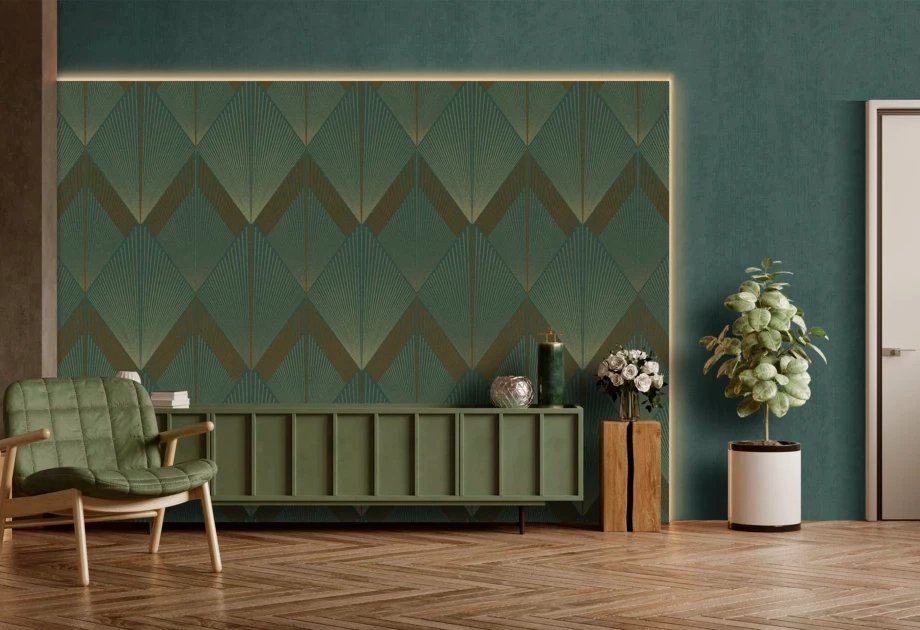 Mosható vinyl fotótapéta zöld rombusz mintával sárga csíkokkal