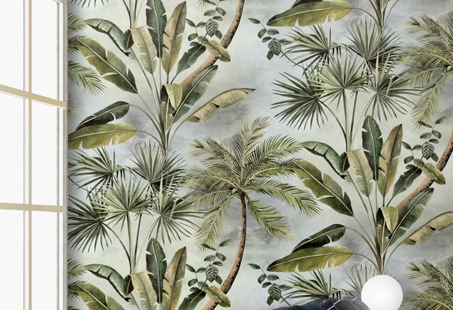 Mosható vinyl fotótapéta zöld színben pálma fa mintával