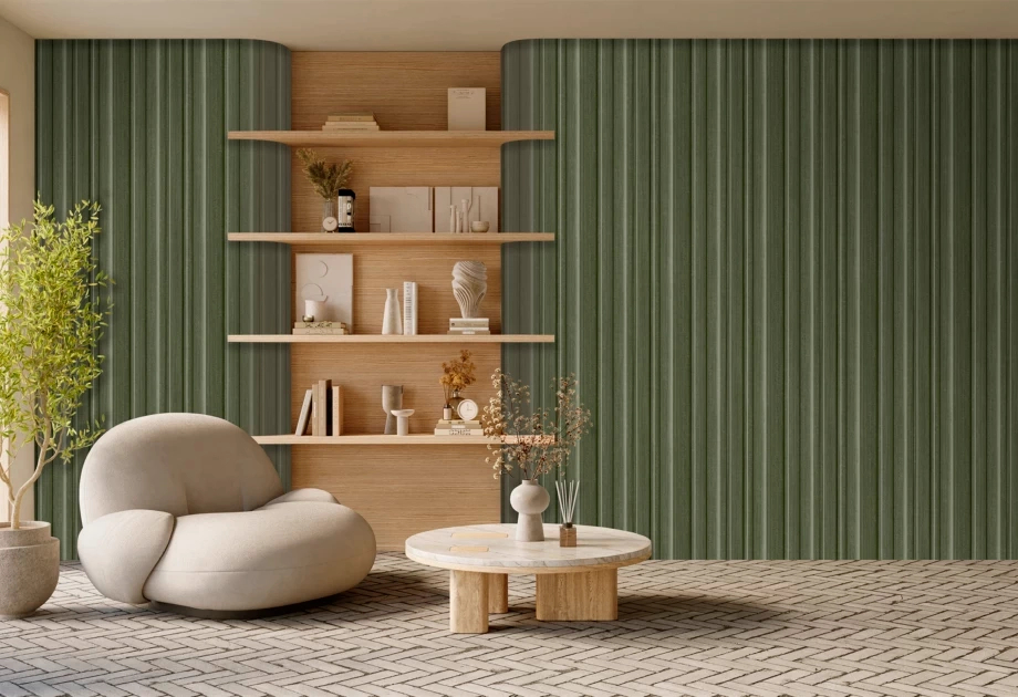 Mosható vinyl fotótapéta zöld színű 3D hatású csíkos mintával