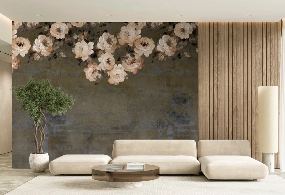 Mosható vinyl fotótapéta zöld színű virág mintával