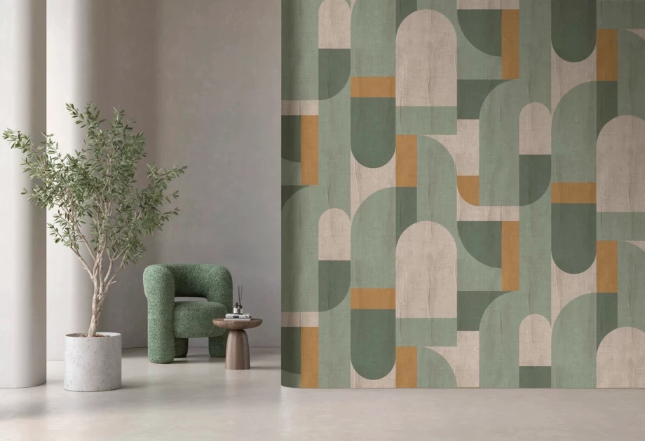 Mosható vinyl fotótapéta zöld, szürke színű geometriai mintás