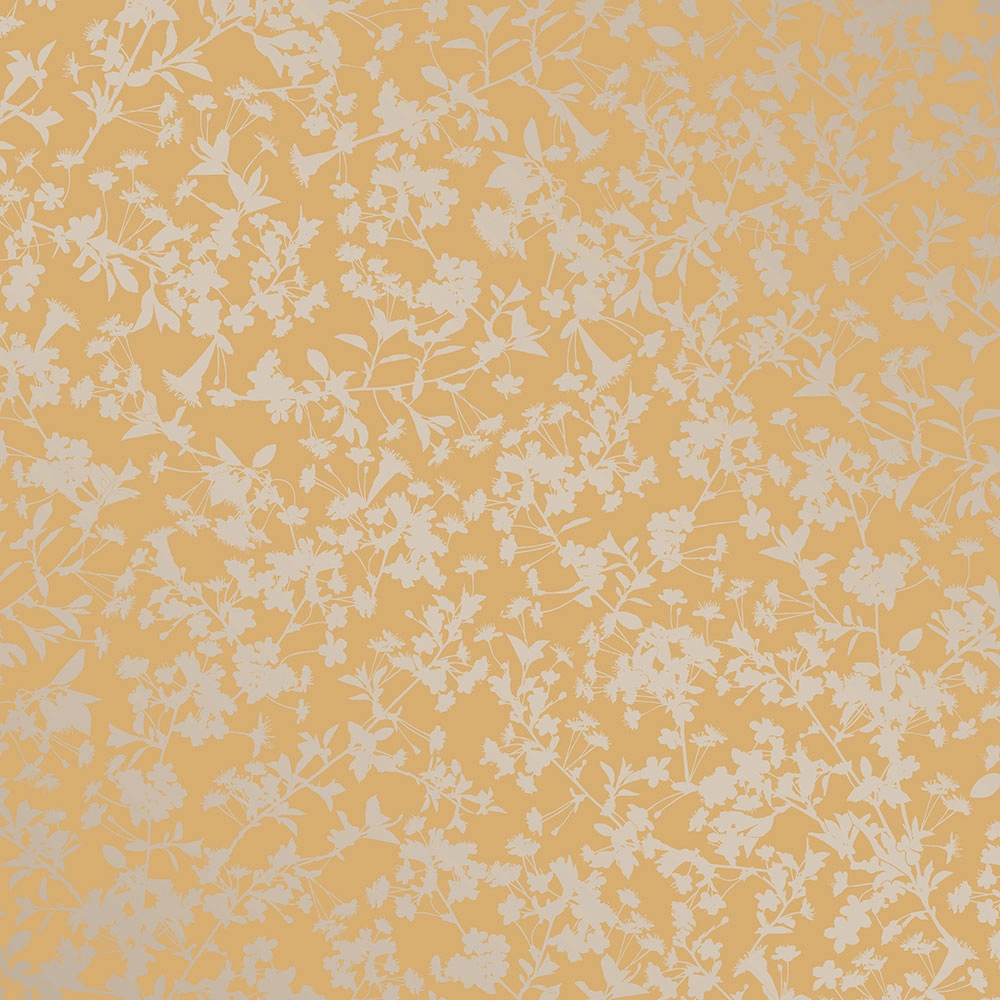 Mustár sárga alapon ezüst levél és virág mintás design tapéta