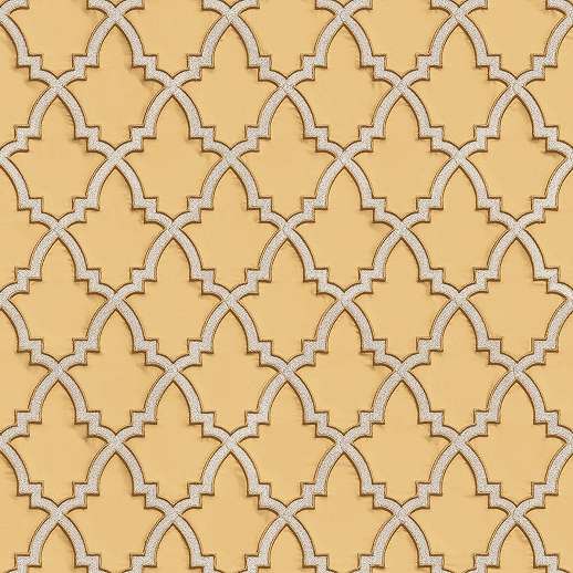 Mustársárga és arany színű premium design tapéta hímzett hatású geometriai mintával