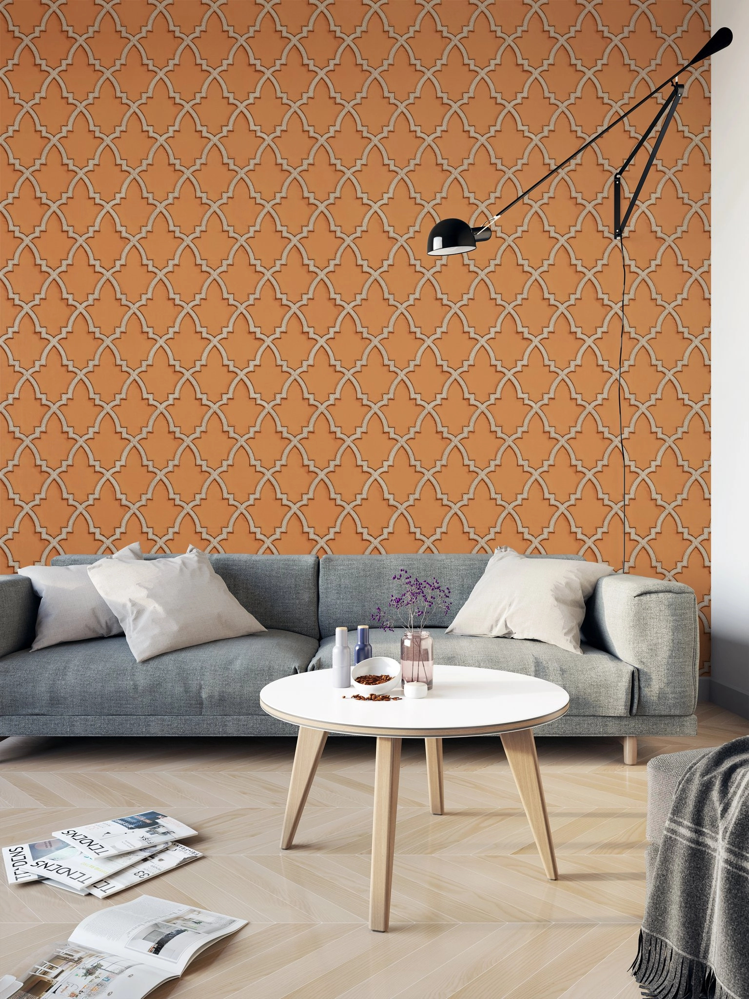 Narancs és arany színű premium design tapéta hímzett hatású geometriai mintával