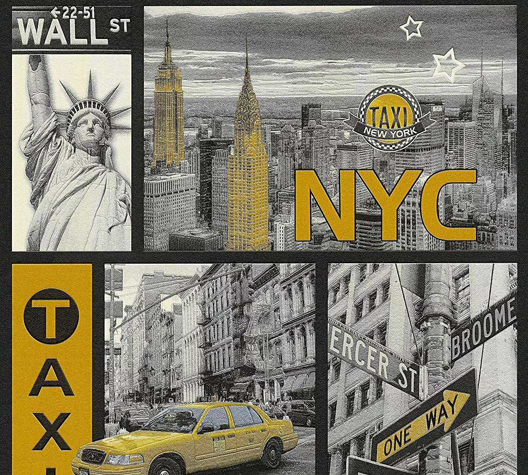 New York City mintás gyerek tapéta ezüst, fekete sárga színekkel
