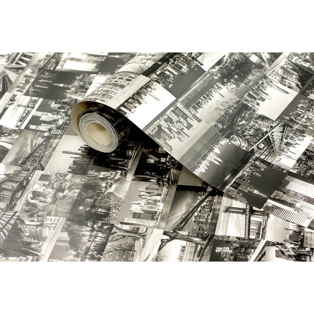 New York fekete-fehér kollázs mintás tapéta