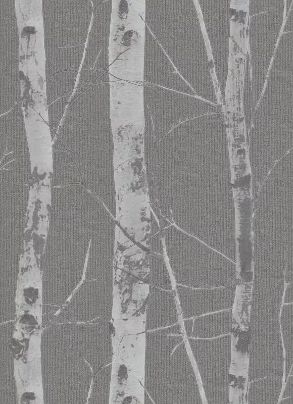 Nyírfa mintás vlies tapéta sötétszürke színben