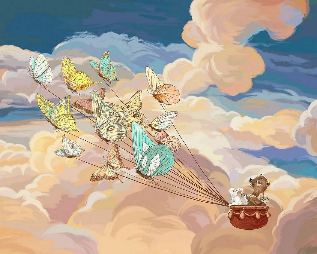 Nyuszi és maci a felhők felett pillangókkal mintás gyerek design poszter tapéta 368x254 vlies
