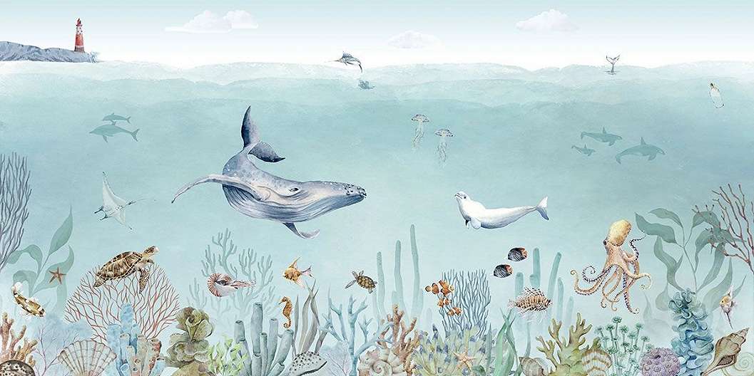 Óceán élővilág halakkal és koralzátonnyal mintás gyerek design poszter tapéta