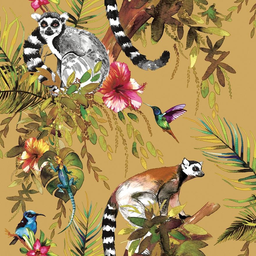 Okker lemur maki mintás bohém design tapéta