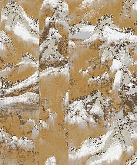 Okker stilizált hegység mintás design tapéta keleties stílusban