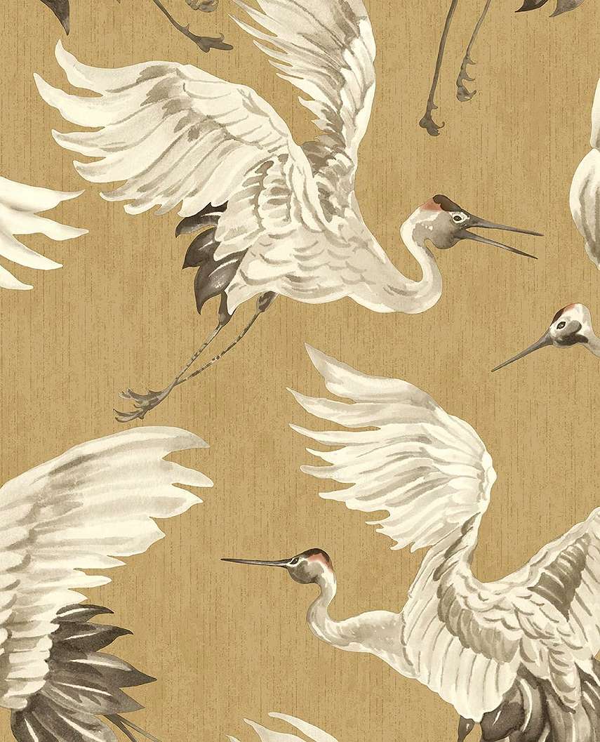 Okkersárga daru madár mintás keleties design tapéta