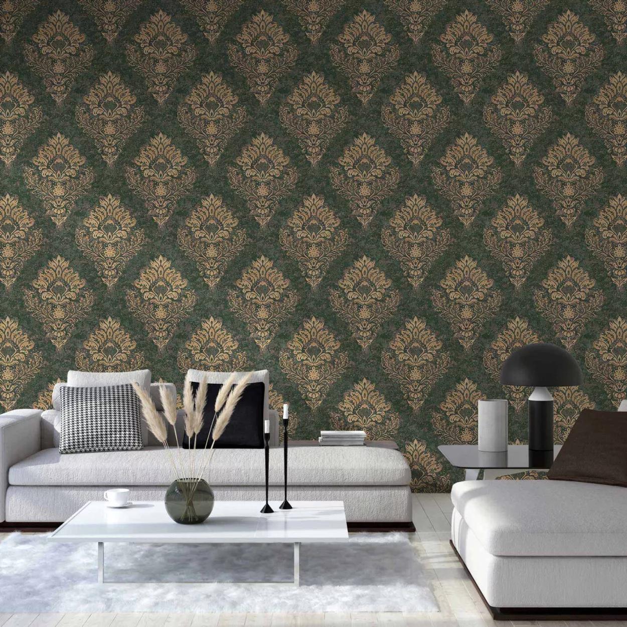 Olajzöld barokk mintás vlies mosható dekor tapéta
