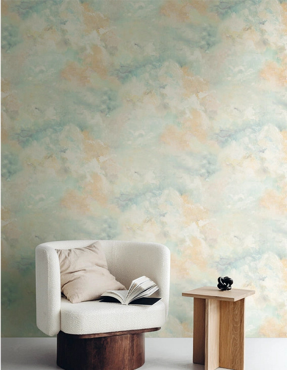 Olasz vinyl design tapéta felhő mintával kék és barack színben struktúrált felüleltű