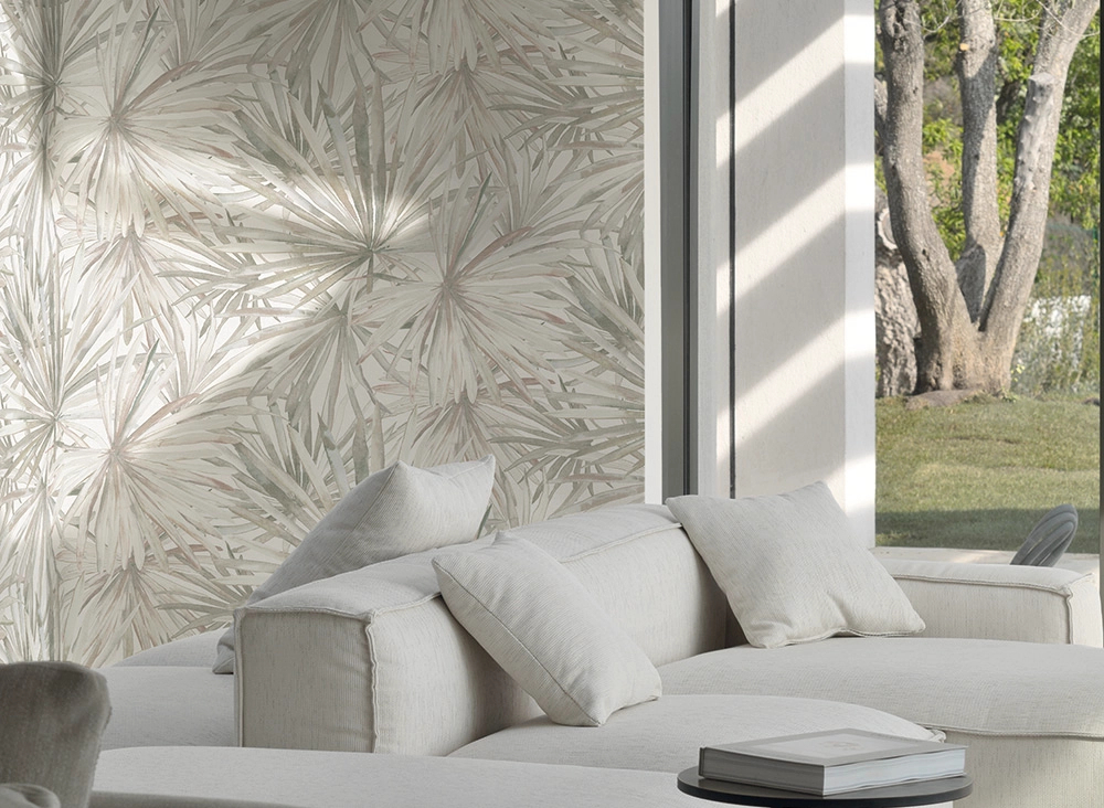 Olasz vinyl design tapéta pálmalevél mintával beige és szürke színben