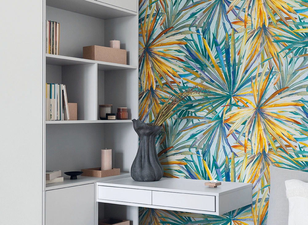 Olasz vinyl design tapéta pálmalevél mintával kék és narancs színben