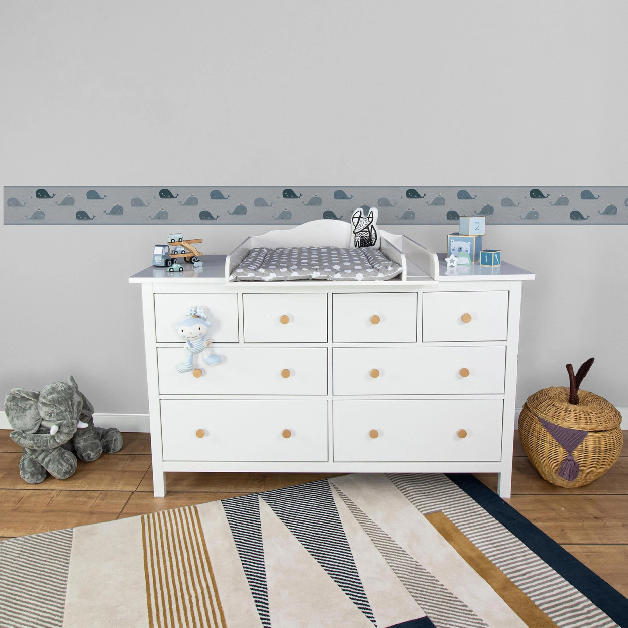 Öntapadós gyerek bordűr szürke bálna mintával