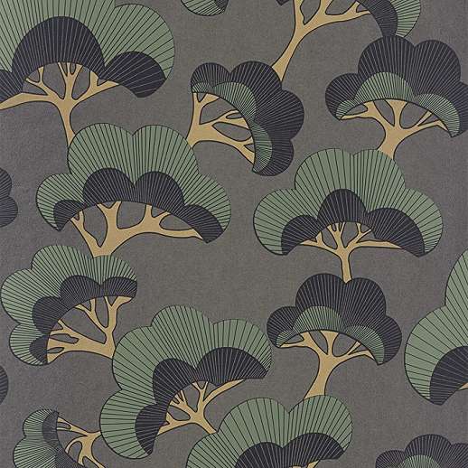 Orientális japán stílusú legyező fa mintás antracit és zöld design tapéta