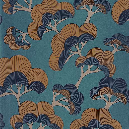 Orientális japán stílusú legyező fa mintás kamo kék design tapéta