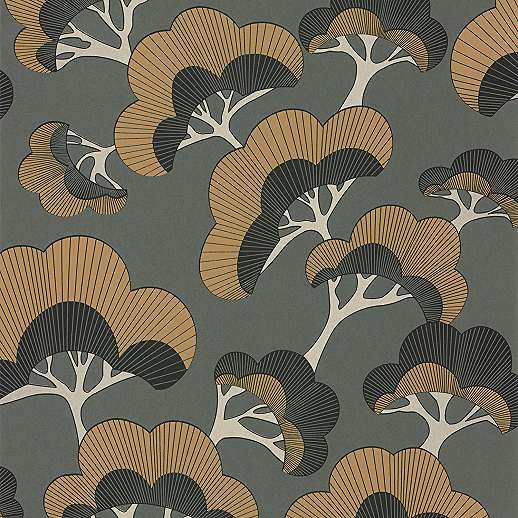 Orientális japán stílusú legyező fa mintás tajga zöld design tapéta