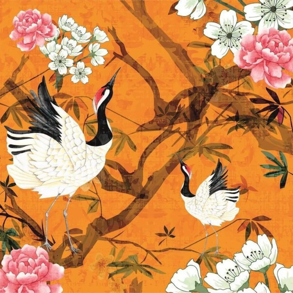 Orientális keleties stílusú virág és daru madár mintás design fali poszter