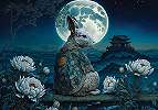 Orientális keleties stílusú virágos tájkép meditáló zen nyúl mintás design poszter tapéta