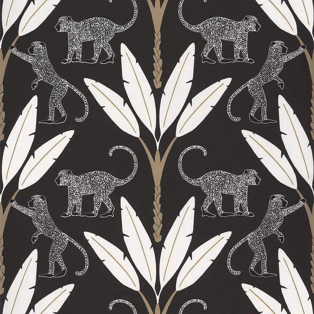 Orientális stílusú modern terópusi, majom mintás tapéta fekete-fehér színvilágban