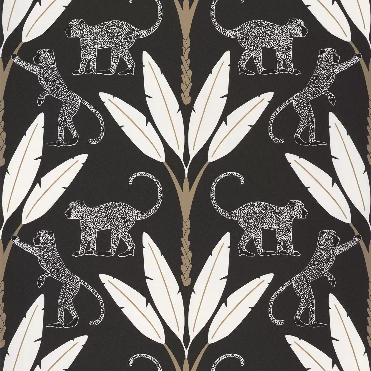 Orientális stílusú modern terópusi, majom mintás tapéta fekete-fehér színvilágban