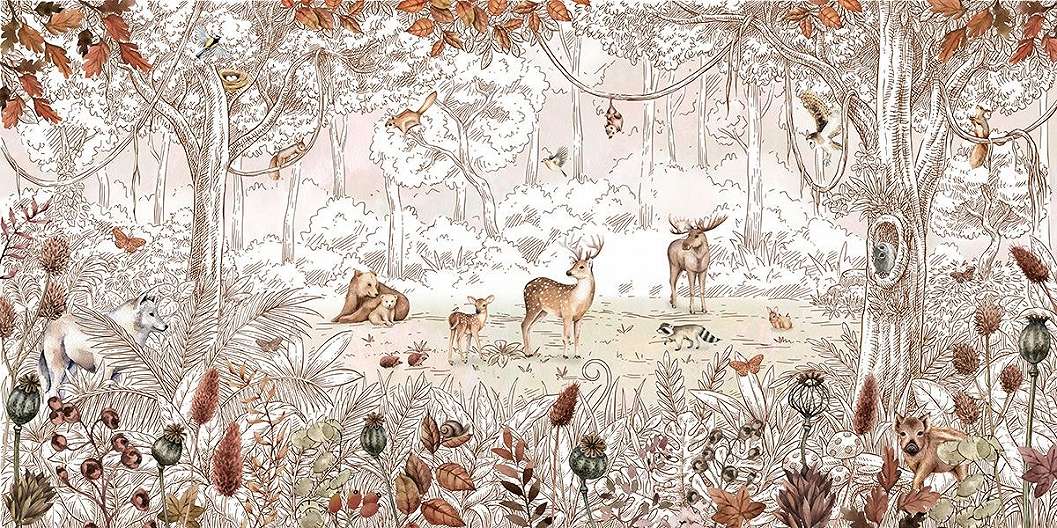 Őszies erdei tájkép medve szarvas és farkas mintás gyerek design poszter tapéta