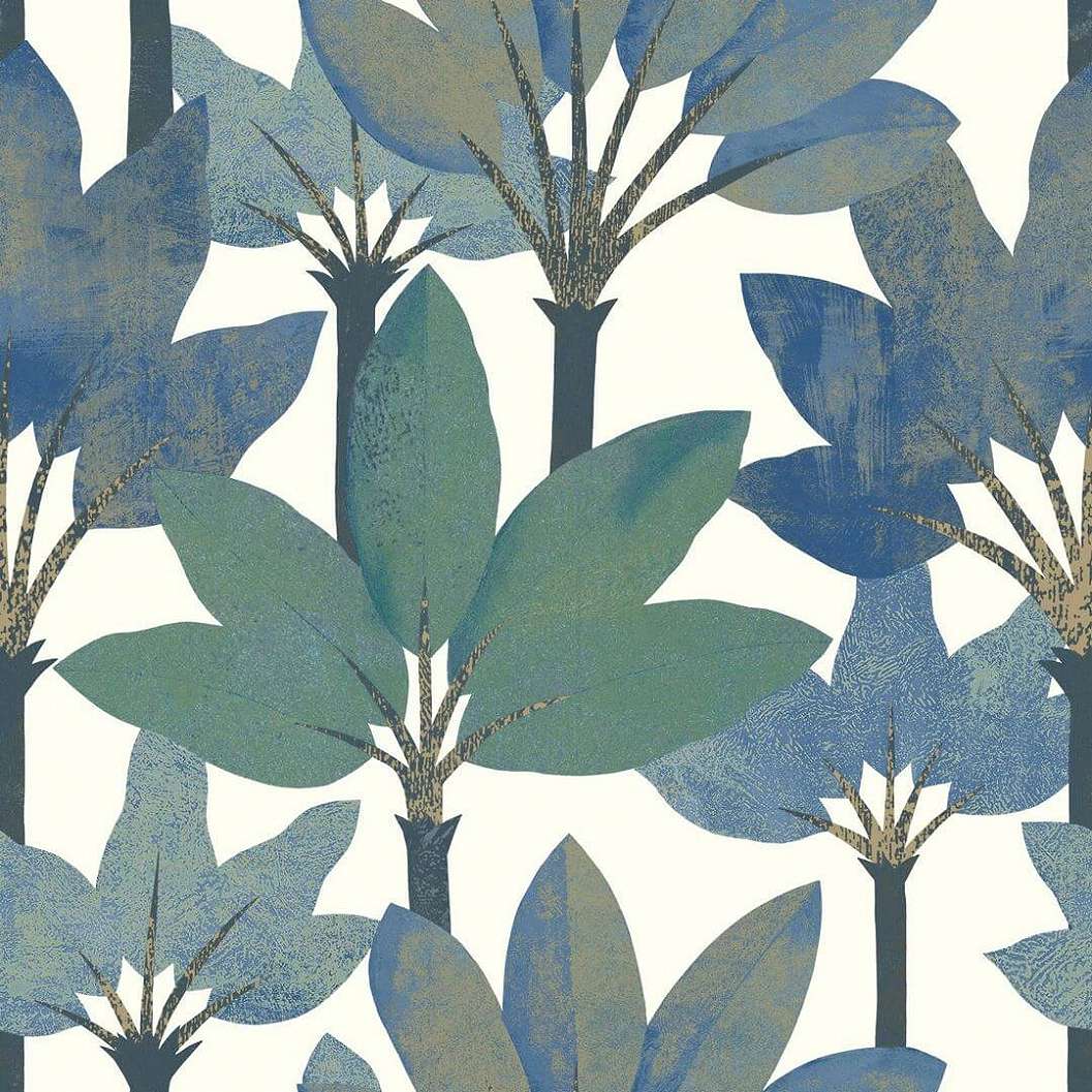 Pálmalevél mintás vinyl tapéta mediterrán kék színben