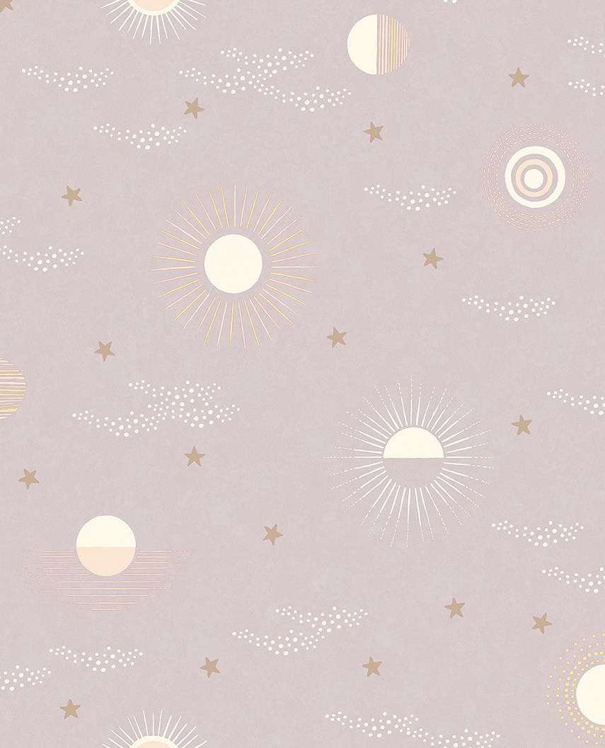 Pastel lila gyerek design tapéta csillag felhő mintákkal