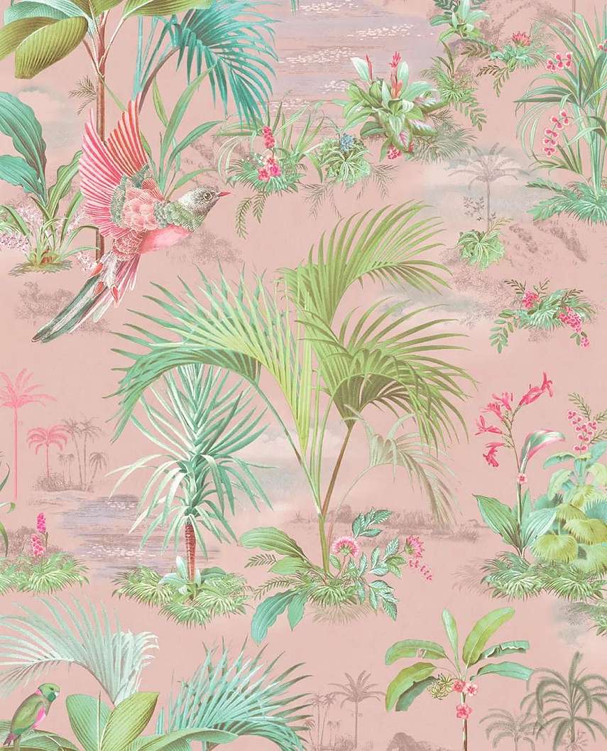 Pasztell rózsaszín Eijffinger tapéta trópusi pálma és madár mintával
