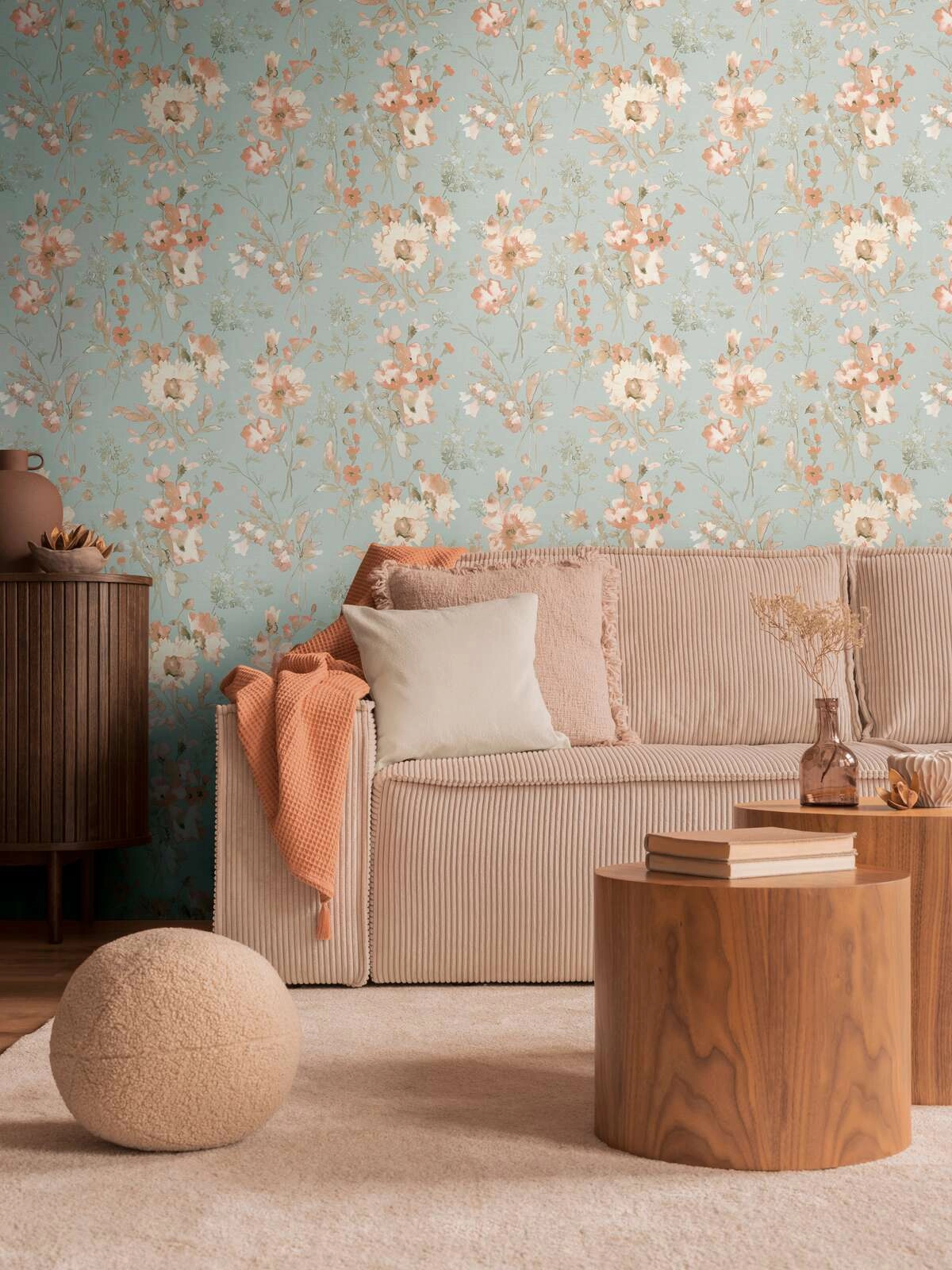 Patinakék és barack színű virág mintás vinyl dekor tapéta