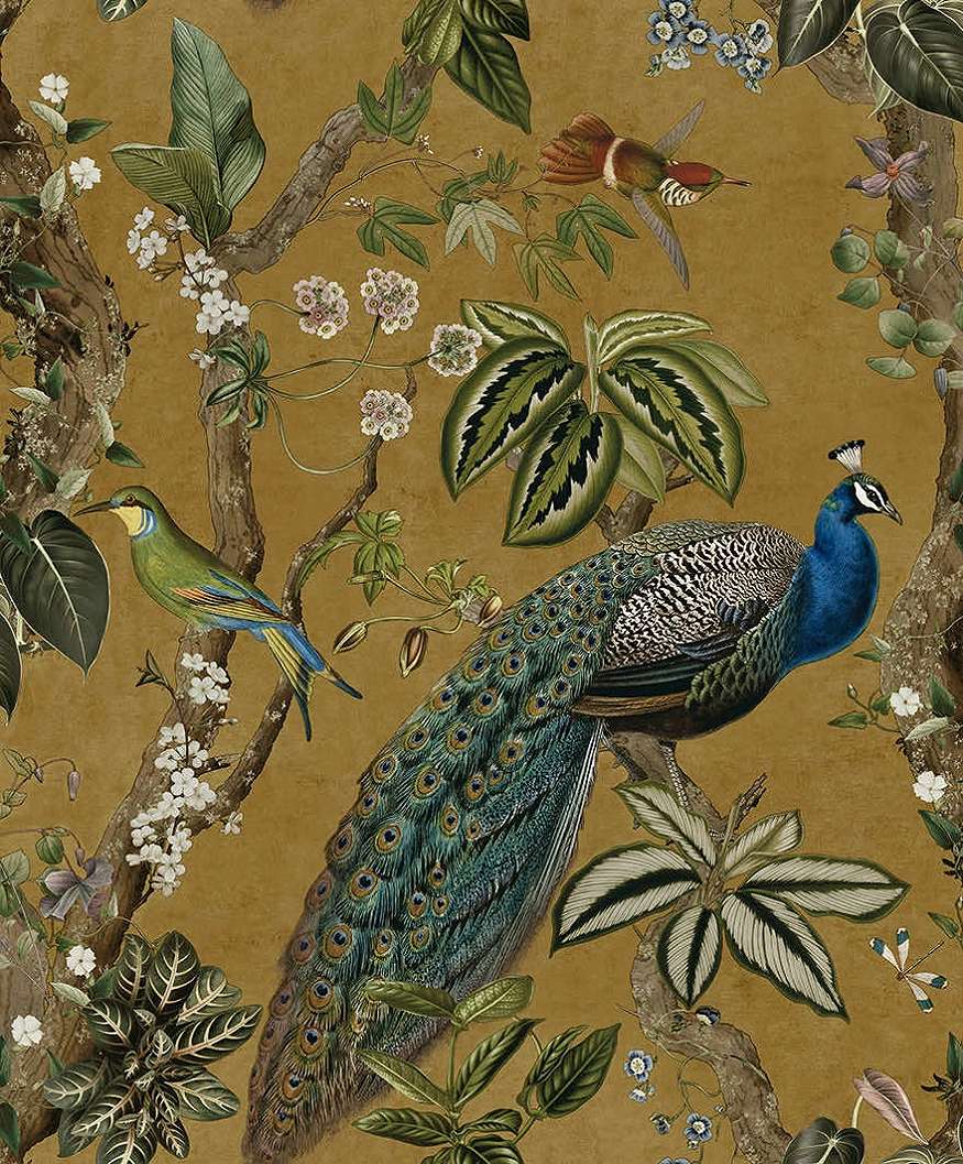 Páva mintás angol dekor tapéta okker színben