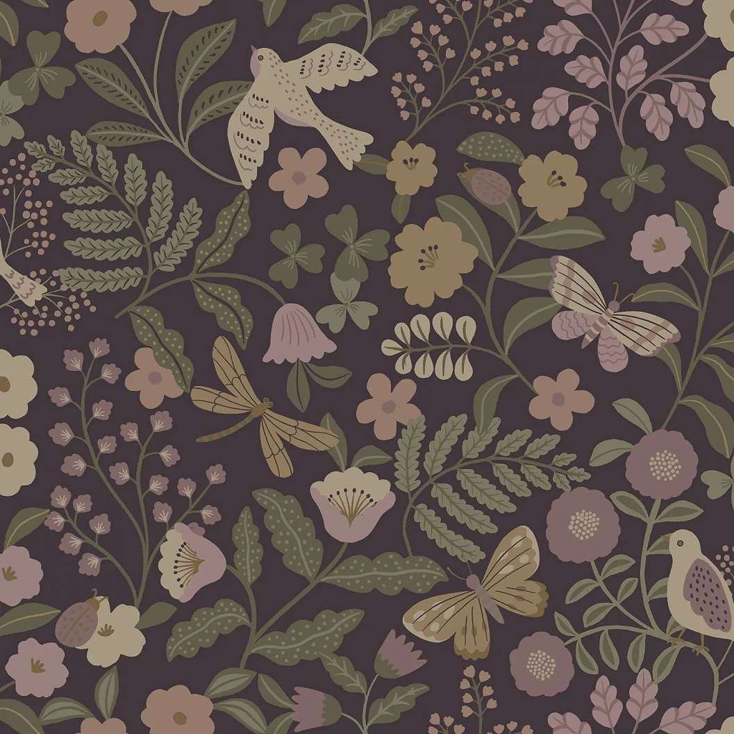 Pillangó és virág mintás pasztel sötétlila gyerek dekor tapéta