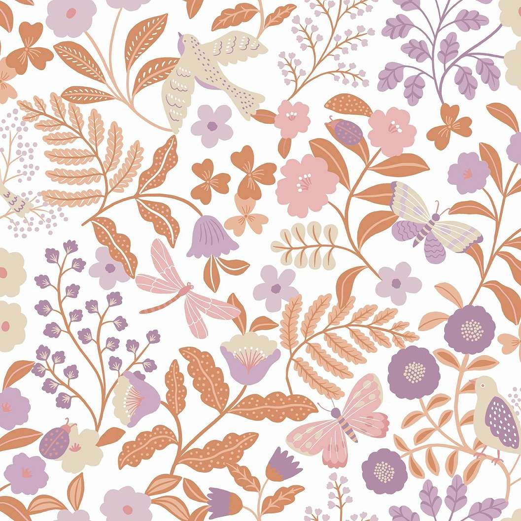 Pillangó és virág mintás pasztel terrakotta és lila gyerek dekor tapéta