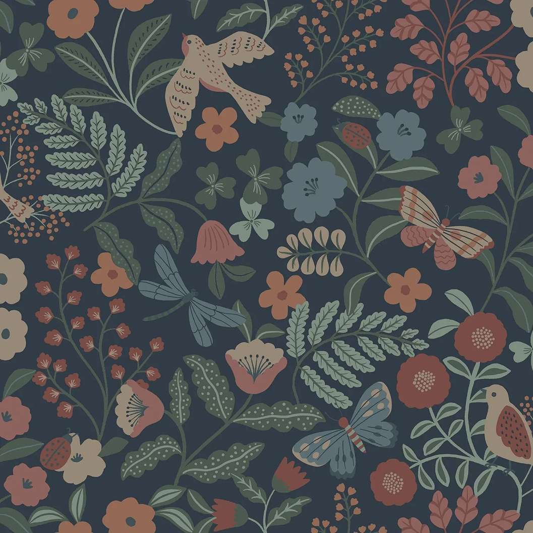 Pillangó és virág mintás sötétkék gyerek dekor tapéta