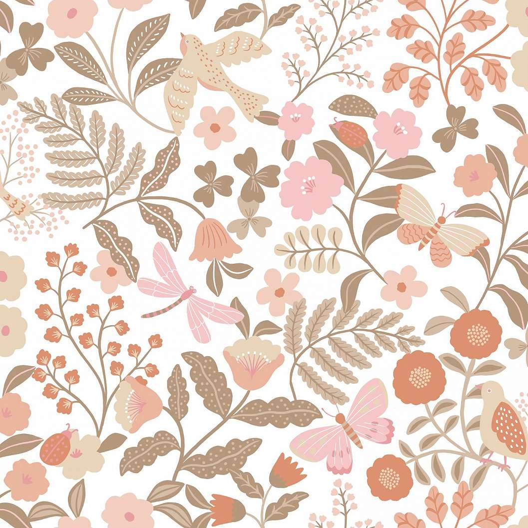Pillangó és virág mintás terrakotta és rózsaszín gyerek dekor tapéta