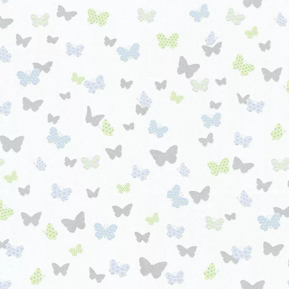 Pillangó mintás vlies gyerek tapéta zöld kék színekkel