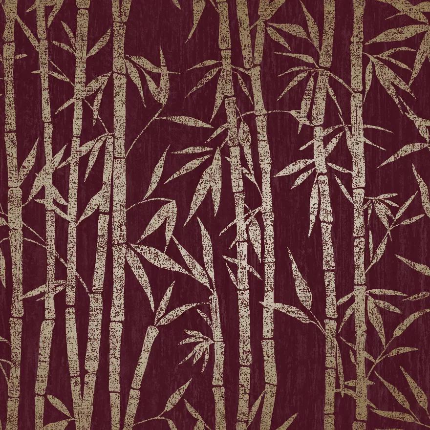 Piros bambusz mintás luxus tapéta fényes arany felületű bambusz mintával