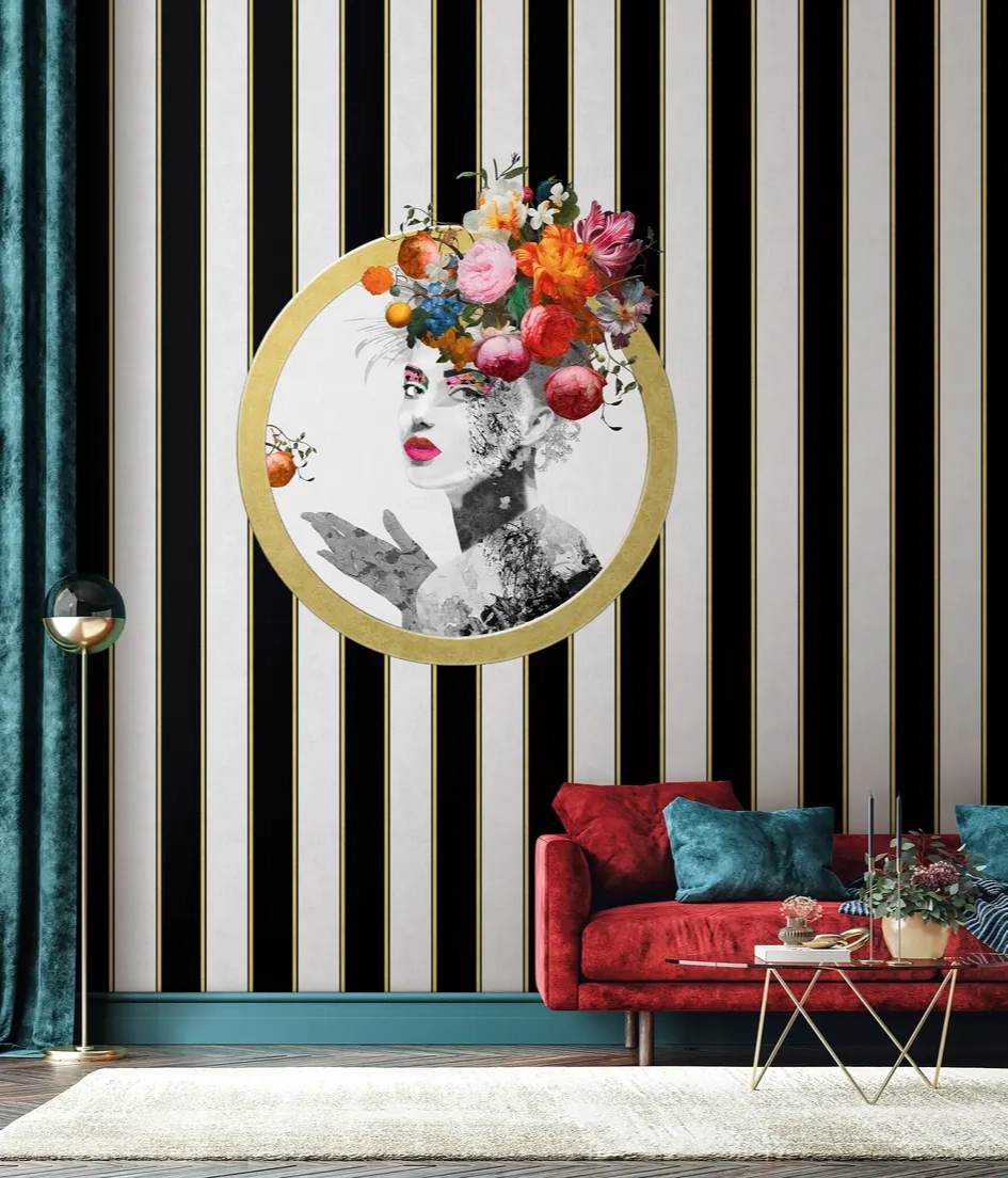 Pompöös csíkos tapéta fekete és sárga színben