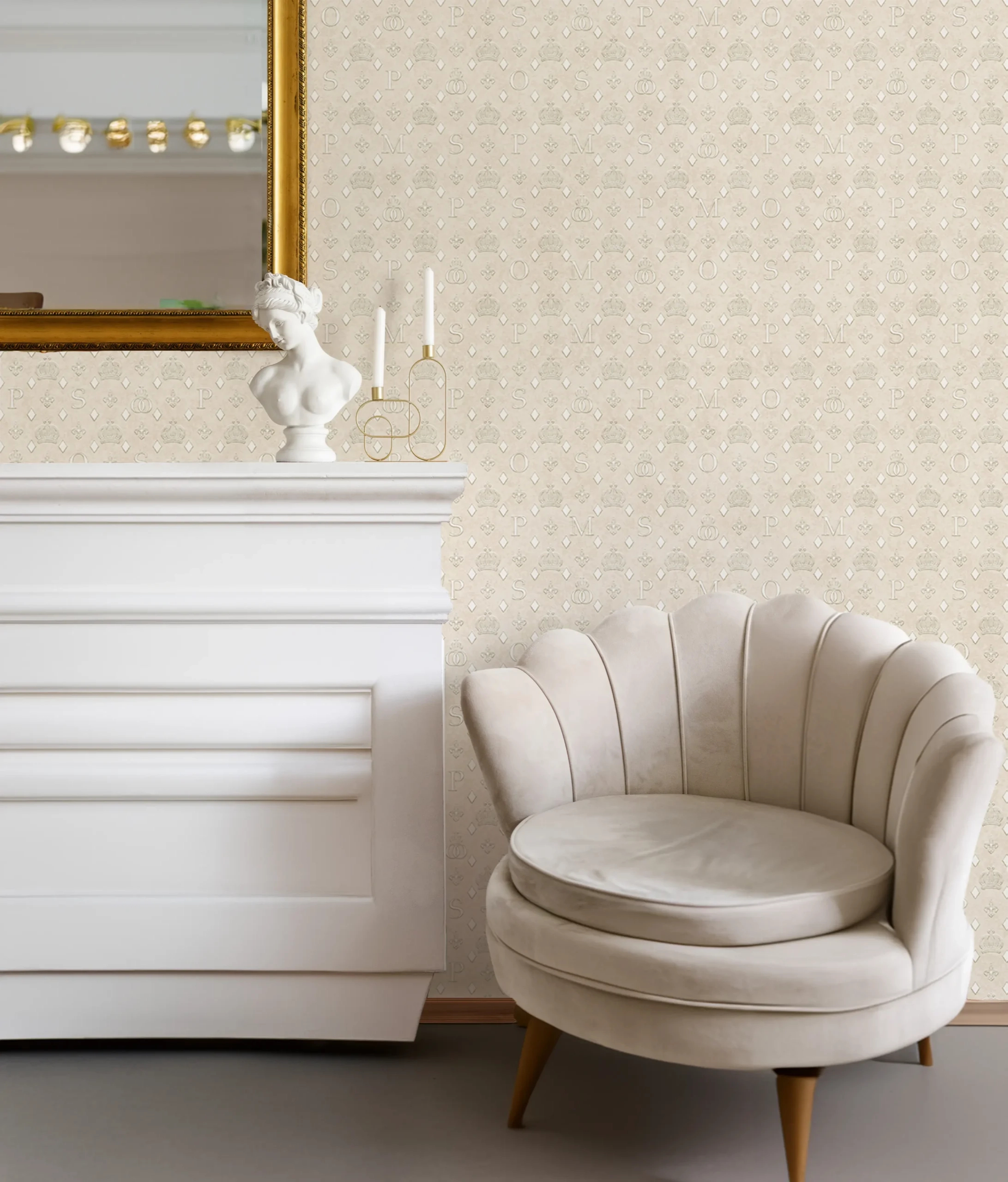 Pompöös emblémás tapéta beige színben
